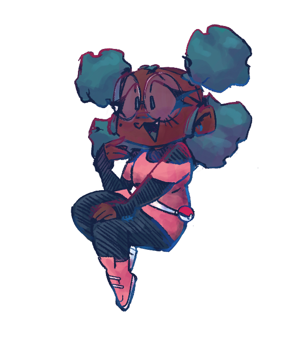 Arteice, a black woman with blue puffy hair and round glasses, in a pink dress that has a belt that holds Pokeballs. Art drawn by JayPera.