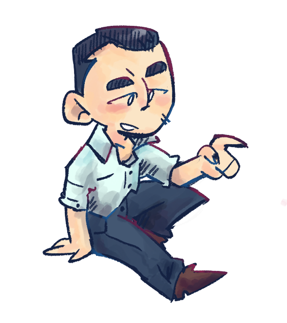 Justin is wearing a white button down shirt and has his hair slicked back. Art drawn by JayPera.